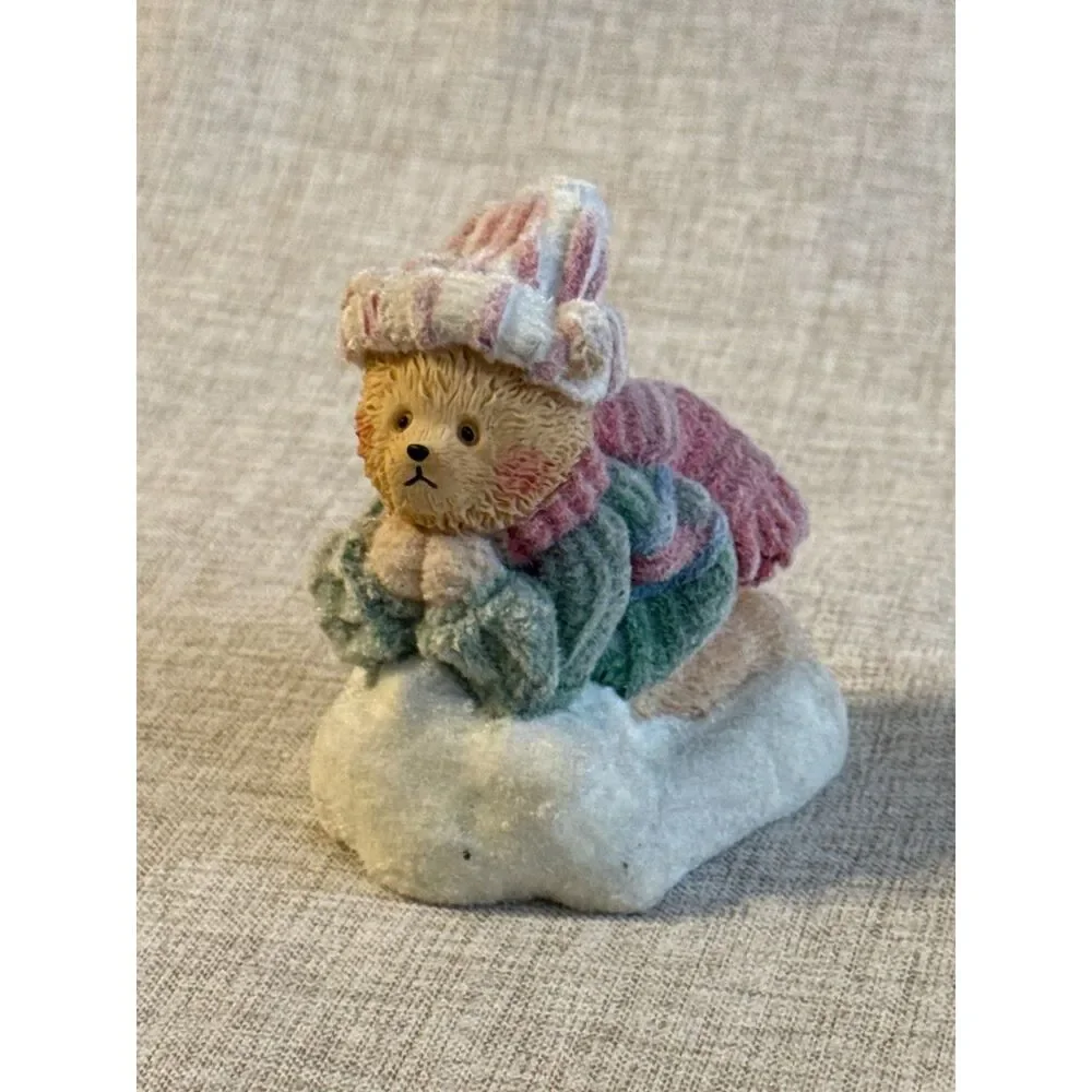 Cute Winter Bear Figurine Sitting on Snow Wearing Hat and Scarf Collectible VTG